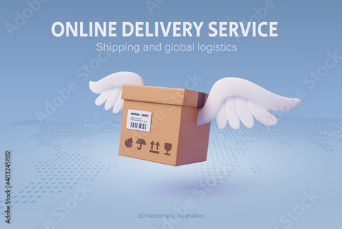 Brown parcel cardboard box fly over the world map, online delivery service or shipping and global logistic concept, quick and fast cargo shipment