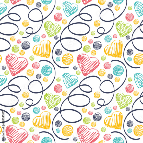 Seamless pattern with hearts and serpentine. Children's style.