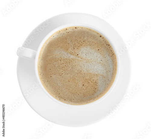 Cup of tasty coffee isolated on white, top view