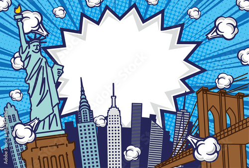 ポップアート風のニューヨークの街並み背景イラスト