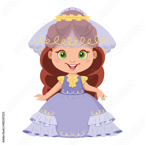 Little princess Cinderella in wedding dress. Cartoon vector illustration