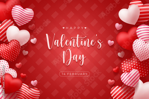 Happy Valentine's Day vector design background with realistic 3d heart for Greeting Card,  flyer, Poster, Banner etc. Vector Illustration Graphic.