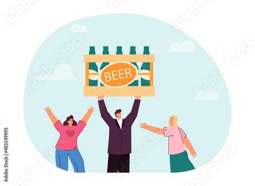Businessman holding huge crate with beer bottles. Man selling or buying alcoholic drinks flat vector illustration. Alcohol, advertising, celebration concept for banner, website design or landing page