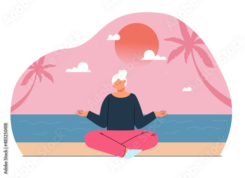 Old woman sitting in lotus position on beach. Senior female character relaxing on vacation flat vector illustration. Recreation, retirement concept for banner, website design or landing web page