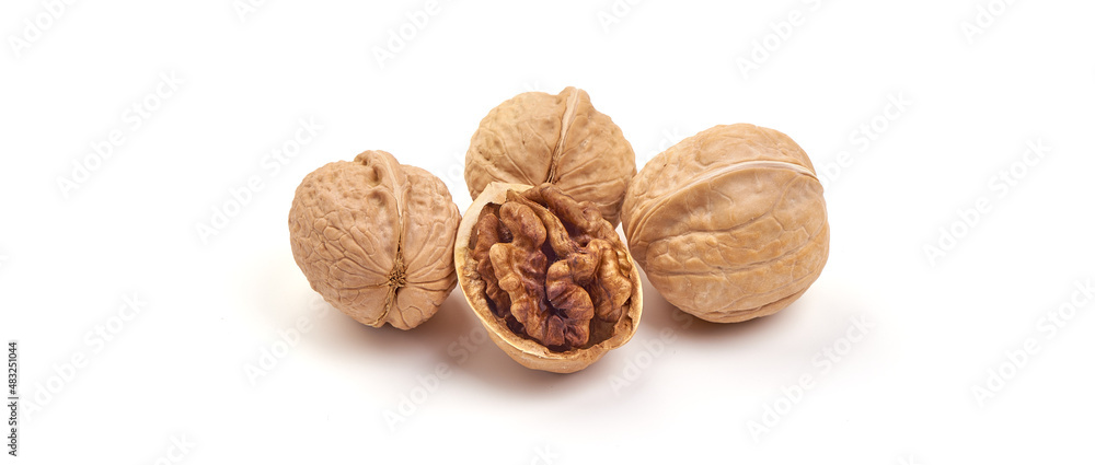 Walnuts with kernel, isolated on white background. Walnuts with kernel, isolated on white background.