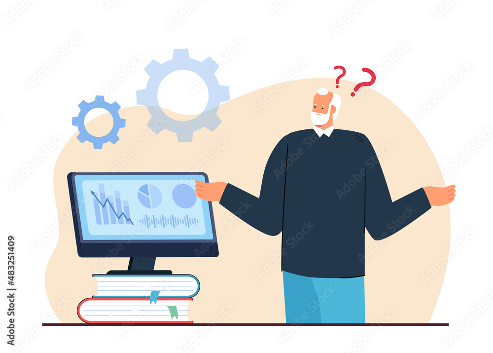 Confused elderly person looking at business statistics. Old businessman and computer screen with graphs and diagrams flat vector illustration. Technology, marketing concept for banner, website design Confused elderly person looking at business statistics. Old businessman and computer screen with graphs and diagrams flat vector illustration. Technology, marketing concept for banner, website design