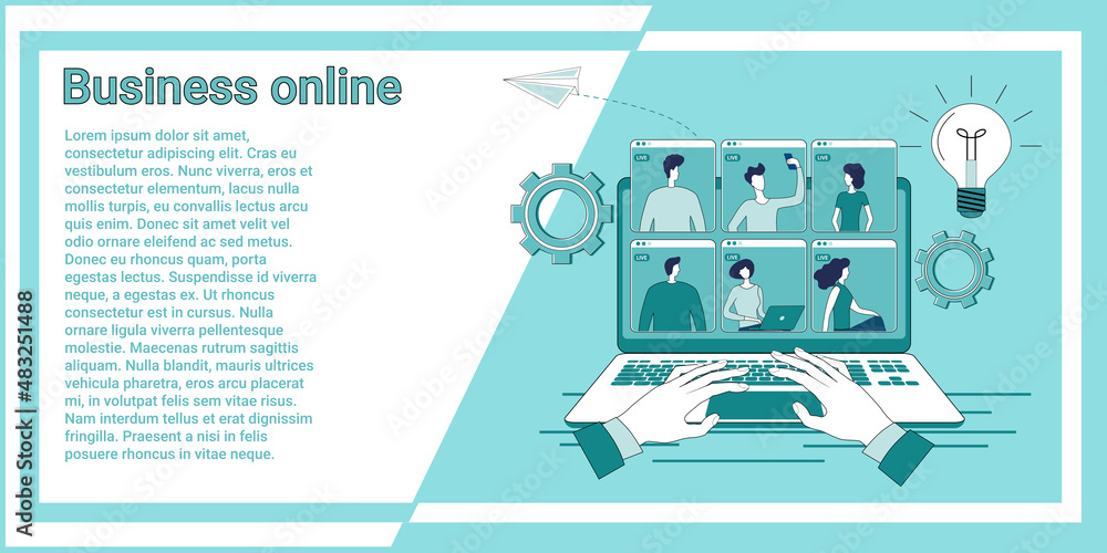 Business online.Negotiations, meetings and video conferences in online mode.People communicate with each other via video broadcast.An illustration in the style of a green landing page.