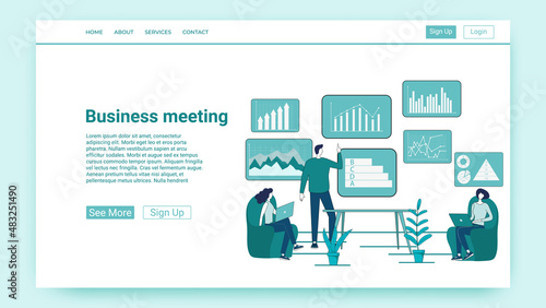 Business meeting.People in the office confer and solve business problems.An illustration in the style of a green landing page.