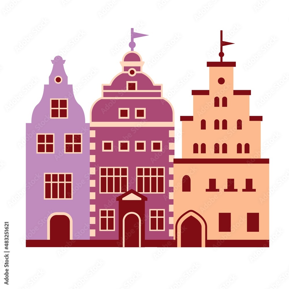 The Three Brothers Complex. Building of Latvia. Architecture of Riga. Sights of the city. Vector illustration. Flat style