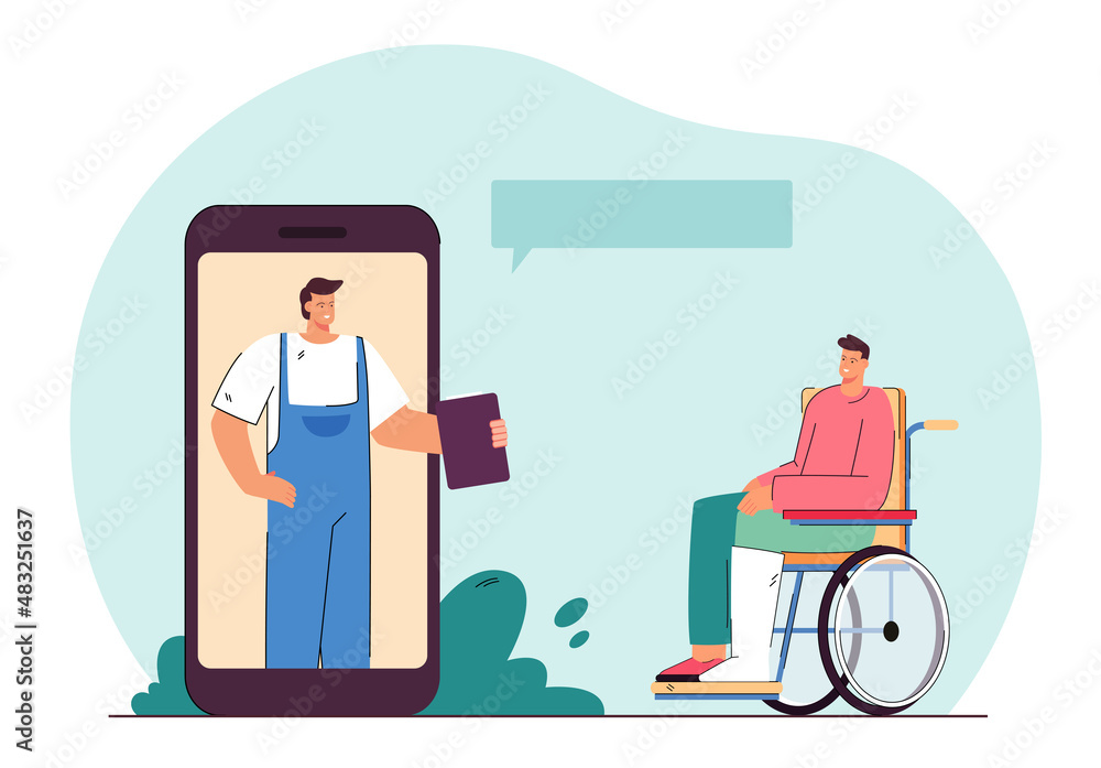Man with broken leg in wheelchair talking to employer via phone. Male character on big screen flat vector illustration. Medicine, health, communication, technology concept for banner, website design
