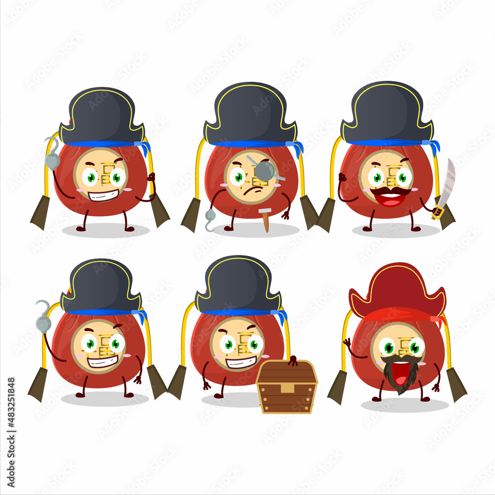 Cartoon character of red bag chinese with various pirates emoticons