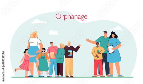 Happy married couple adopting child from orphanage. Woman with group of children, husband and wife with legal documents flat vector illustration. Family, charity, support, adoption concept for banner