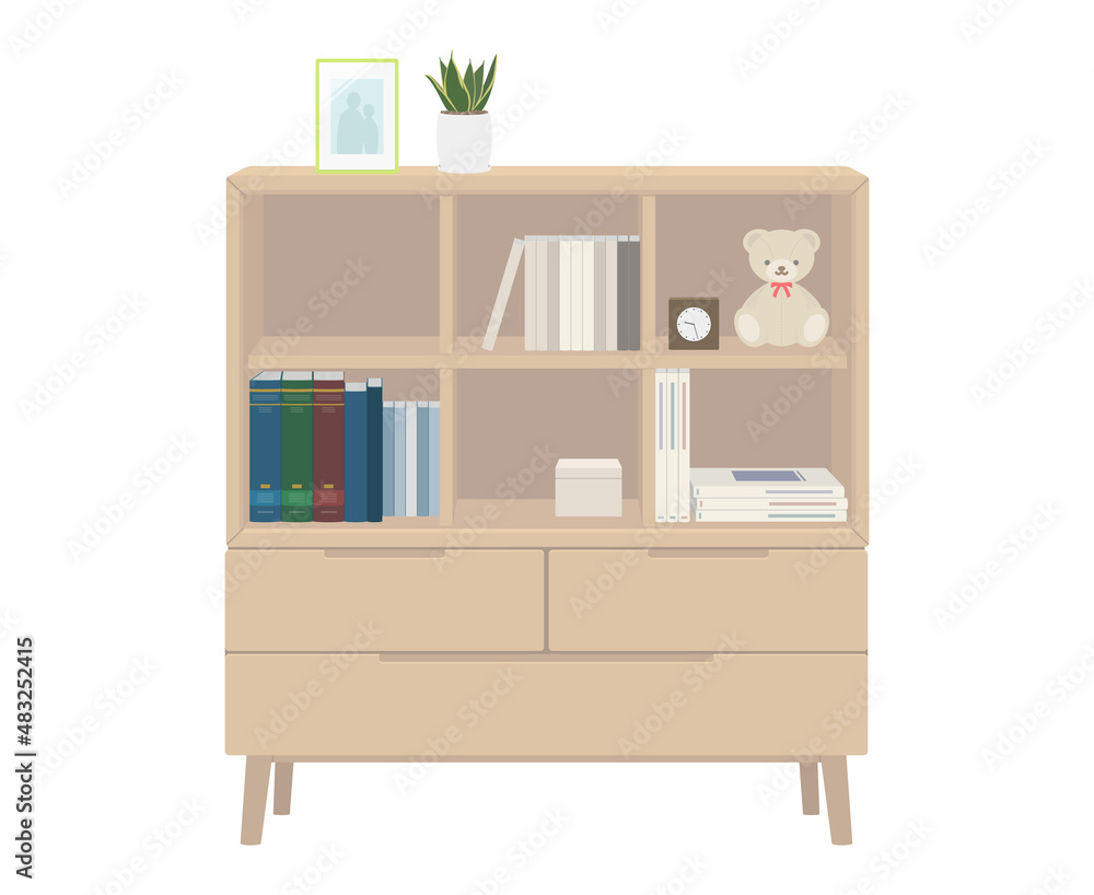 Vector illustration of chest of drawers with shelf isolated on background. Vector illustration of chest of drawers with shelf isolated on background.