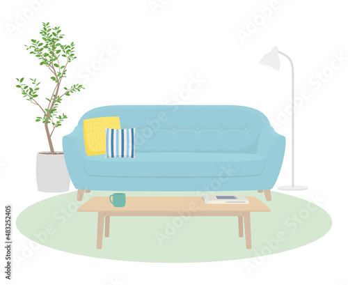 Vector illustration of living room with sofa isolated on background.