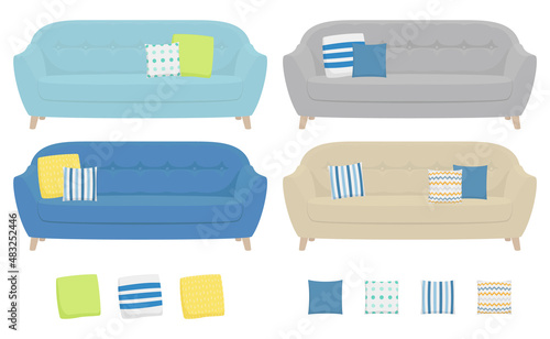 Vector illustration of sofa and cushion isolated on background. 