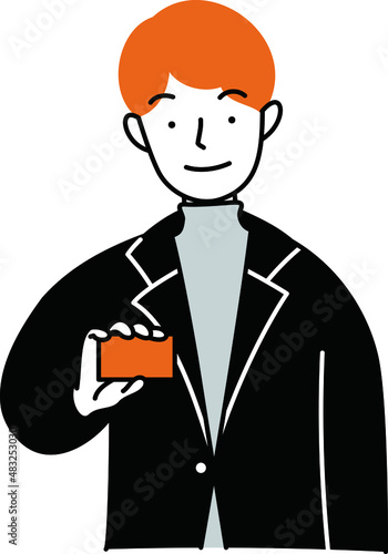 カードを手に持って見せる男性のイラスト　シンプルタッチ