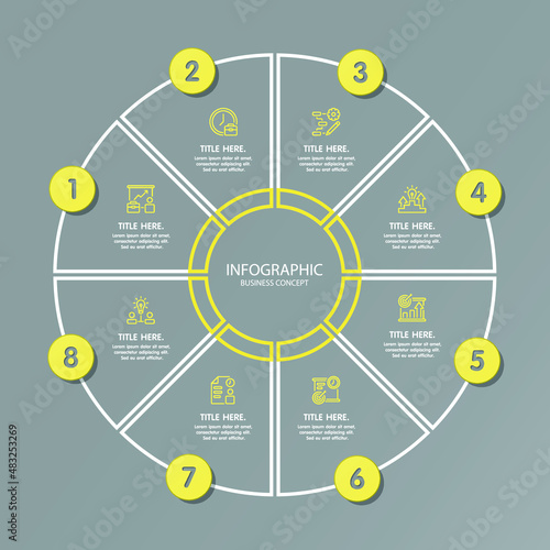 Yellow and Gray colors for circle infographic with thin line icons. 8 options or steps for infographics, flow charts, presentations, web sites, printed materials. Infographics business concept.