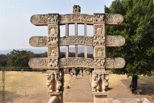 Stupa No 1, West Gateway. Rear view of Architraves and dwarfs holding pillars The Great Stupa, World Heritage Site, Sanchi, Madhya Pradesh, India.