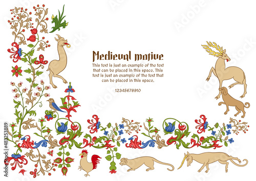 Floral and animal vintage Medieval illuminati manuscript inspiration. Romanesque style. Template for greeting card, banner, gift voucher, label. Vector illustration.