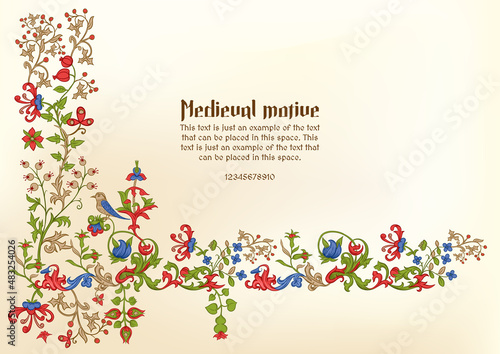 Floral vintage Medieval illuminati manuscript inspiration. Romanesque style. Template for greeting card, banner, gift voucher, label. Vector illustration.