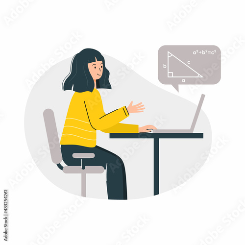 Girl is working on laptop. Home schooling for children. School homework online.