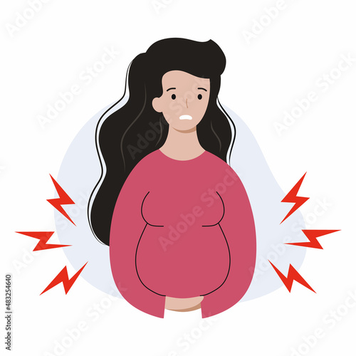 Pregnant woman experiences abdominal discomfort. Problems with pregnancy. Threat of miscarriage. Gestation period. Birth pains.