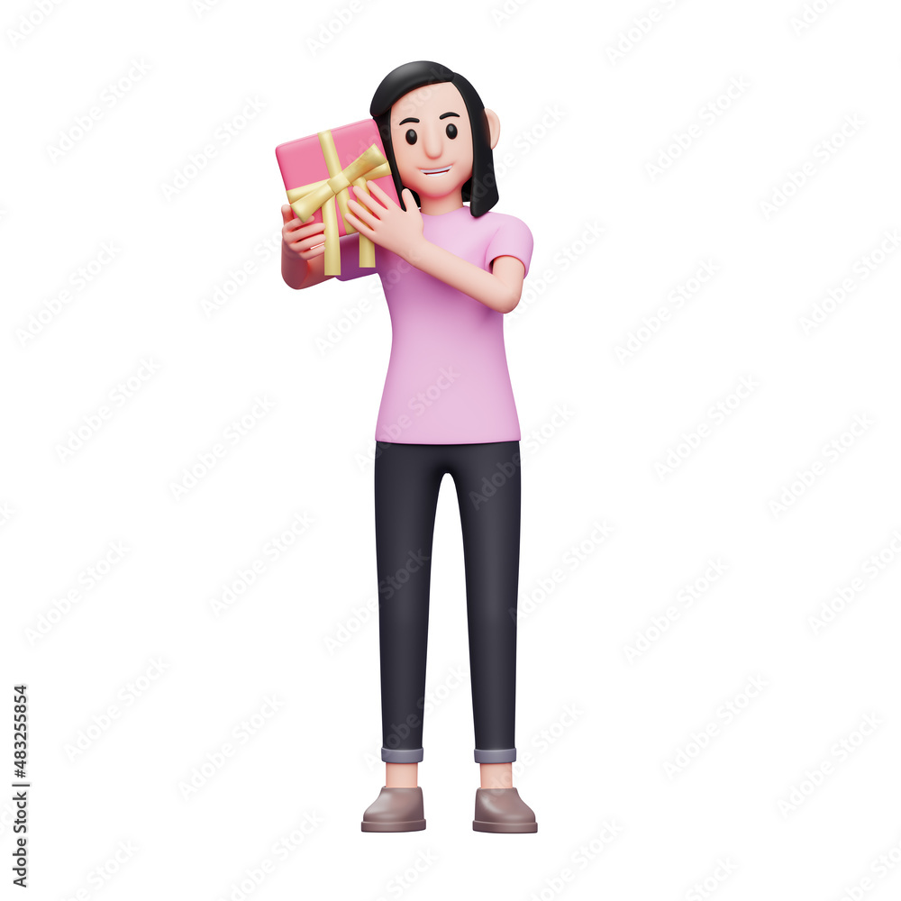 Woman guesses the contents of a gift by listening to it, girl celebrating valentine's day 3d illustration Woman guesses the contents of a gift by listening to it, girl celebrating valentine's day 3d illustration