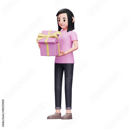 Exited girl opening a special gift for Valentine's Day, Girl celebrating valentine's day 3d illustration
