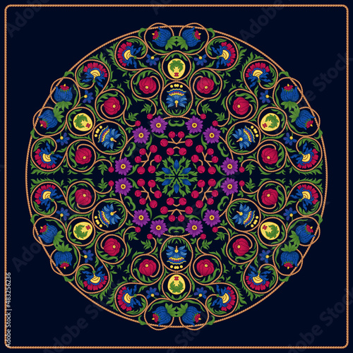 Fantasy flowers in retro, vintage, embroidery style. The design is suitable for shawl, blanket, pillow, pillowcase, napkin, cover or postcard. Vector illustration. 
