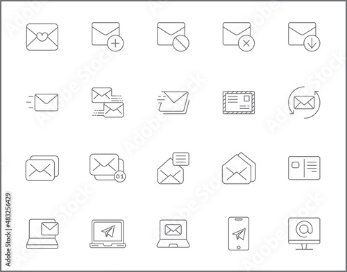Set of mail and letter icons line style. It contains such Icons as Envelope  e-mail  Mailbox  essential  contact  newsletter  subscribe and other elements.