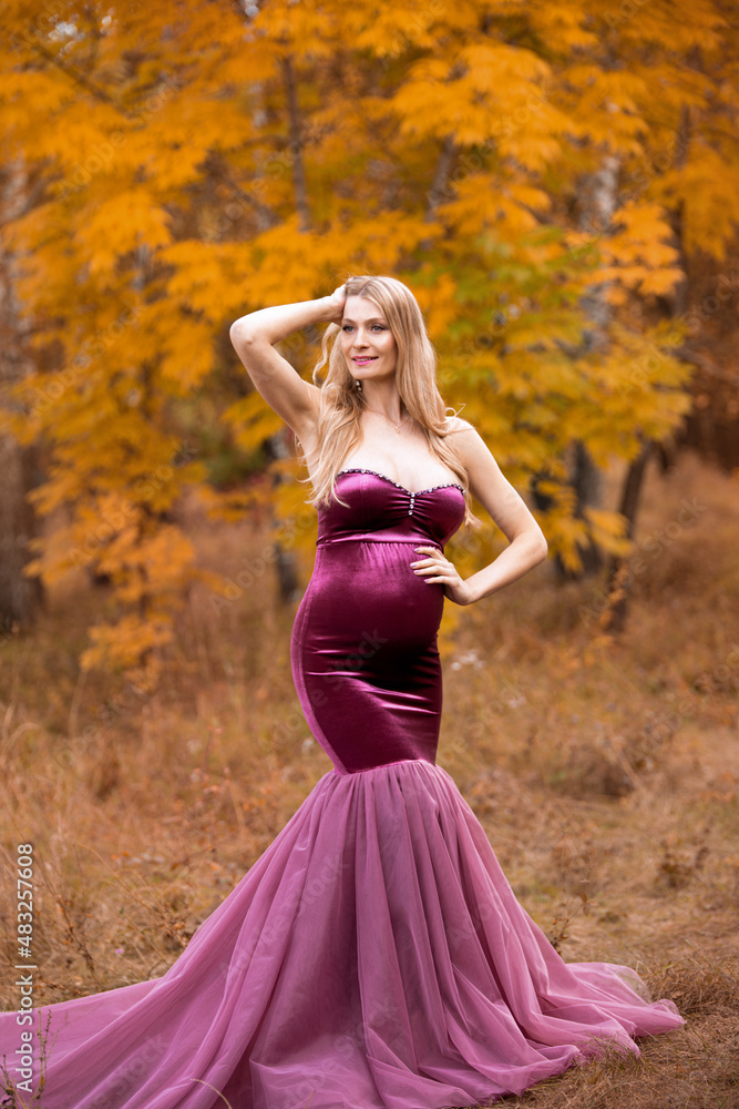 beautiful pregnant blonde woman with long hair in a purple long dress on the background of an autumn forest beautiful pregnant blonde woman with long hair in a purple long dress on the background of an autumn forest