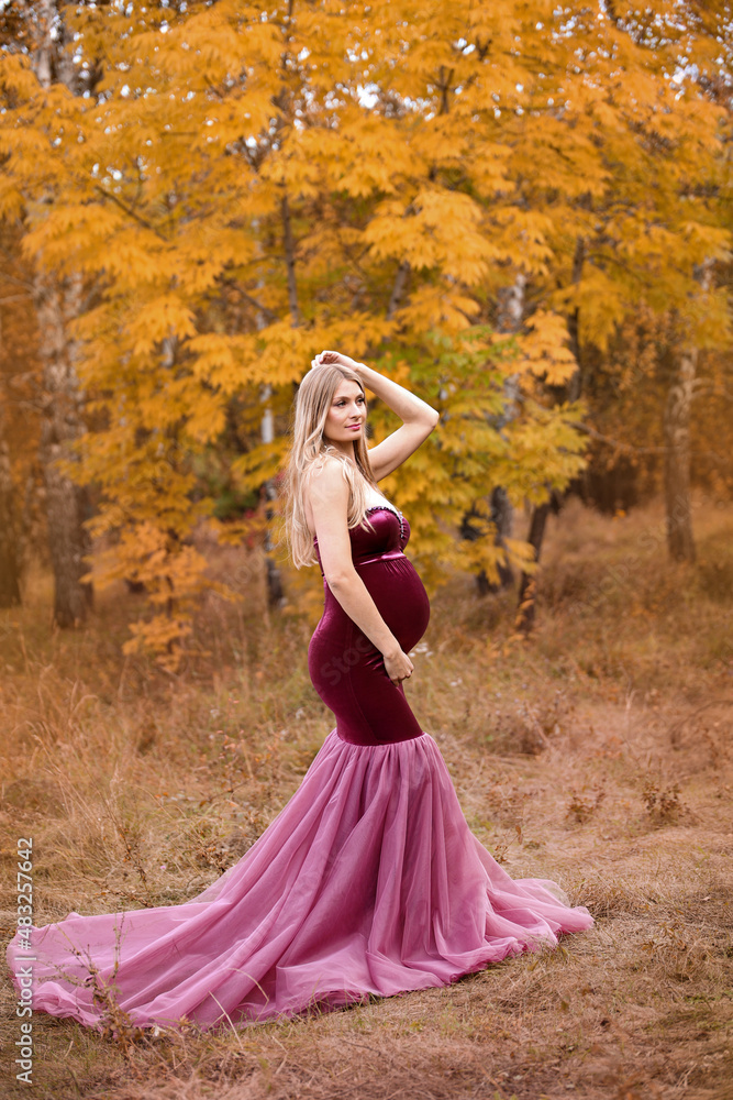 beautiful pregnant blonde woman with long hair in a purple long dress on the background of an autumn forest