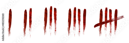 Red bloody Tally marks count or prison wall sticks lines counter.
