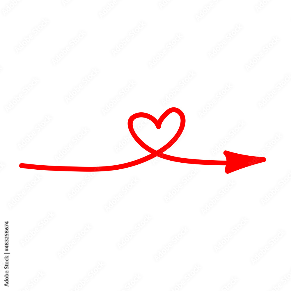 Linear doodle red arrow with heart. Love pointer, trajectory, like. Vector design element for social media, valentines day and romantic designs