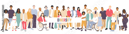 Diversity. People stand side by side together. Flat vector illustration.