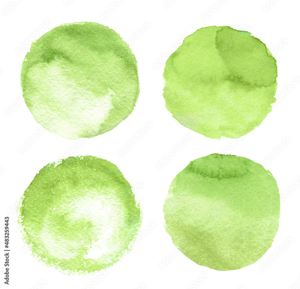 Set of round watercolor backgrounds with light green color on white background, circle shape backdrops