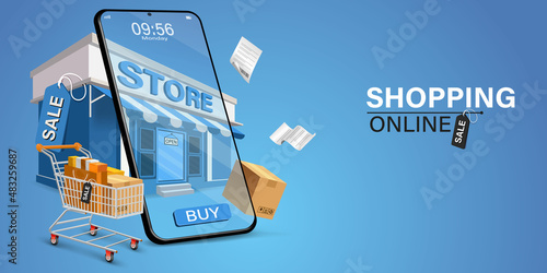 Shopping Online on Website or Mobile Application Vector Concept Marketing and Digital marketing.Online shopping store with mobile , credit cards and shop elements.Vector illustration.