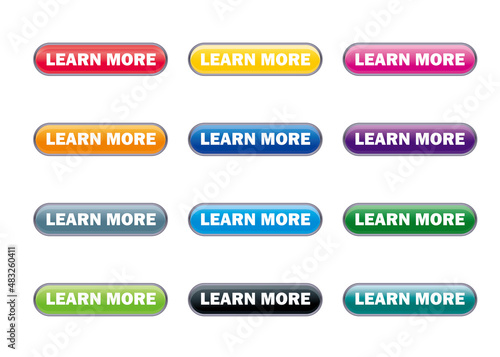 立体感、光沢感のあるLEARN MOREボタン。　もっと知る、アイコン、　ウェブサイト、バナー、アプリ用　白背景