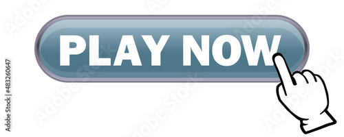 立体感、光沢感のあるPLAY NOWボタンと手。　今すぐ遊ぶ、アイコン、　ウェブサイト、バナー、アプリ用　白背景