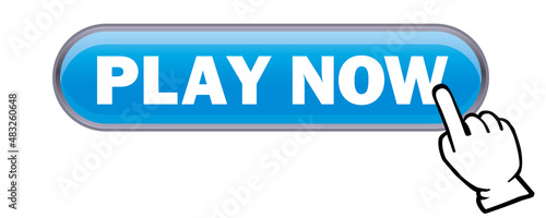 立体感、光沢感のあるPLAY NOWボタンと手。　今すぐ遊ぶ、アイコン、　ウェブサイト、バナー、アプリ用　白背景