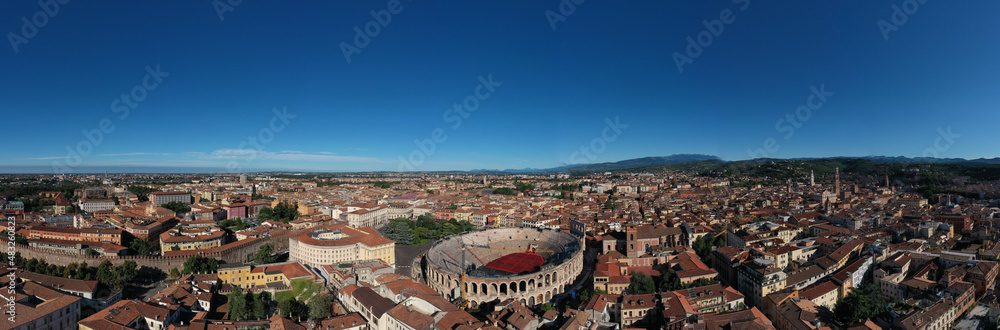 Historical part of the city of Verona, Italy. Piazza Bra panoramic aerial view. Italian colosseum panorama top view.