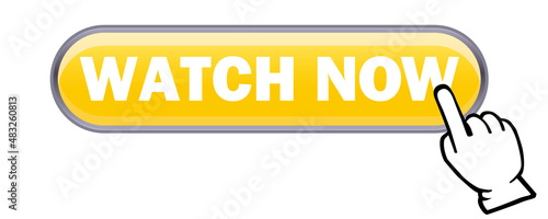 立体感、光沢感のあるWATCH NOWボタンと手。　今すぐ見る、アイコン、　ウェブサイト、バナー、アプリ用　白背景