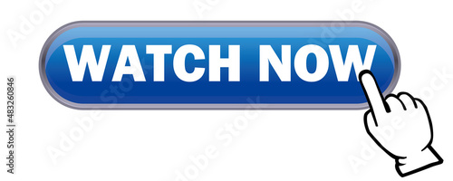立体感、光沢感のあるWATCH NOWボタンと手。　今すぐ見る、アイコン、　ウェブサイト、バナー、アプリ用　白背景