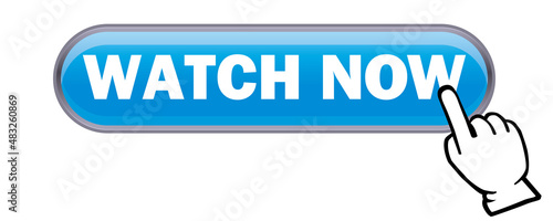 立体感、光沢感のあるWATCH NOWボタンと手。　今すぐ見る、アイコン、　ウェブサイト、バナー、アプリ用　白背景