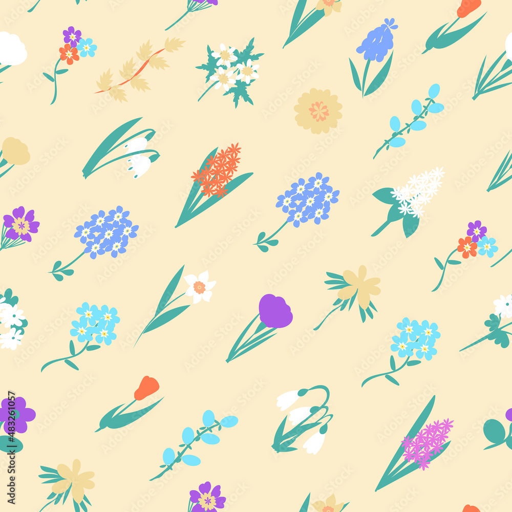 Seamless pattern with spring flowers in doodle style. A variety of spring flowers to a cute pattern for textiles and packaging. Seamless pattern with spring flowers in doodle style. A variety of spring flowers to a cute pattern for textiles and packaging.