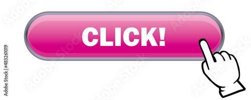 立体感、光沢感のあるCLICKボタンと手。　クリックして、アイコン、　ウェブサイト、バナー、アプリ用　白背景