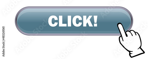 立体感、光沢感のあるCLICKボタンと手。　クリックして、アイコン、　ウェブサイト、バナー、アプリ用　白背景