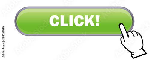 立体感、光沢感のあるCLICKボタンと手。　クリックして、アイコン、　ウェブサイト、バナー、アプリ用　白背景