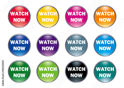 立体感、光沢感のあるWATCH NOWボタン。素材セット　今すぐ見る、アイコン、　ウェブサイト、バナー、アプリ用　白背景