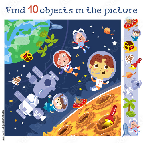 Children astronauts near space station and moon. Find 10 objects. Game for children. Cartoon character vector illustration.